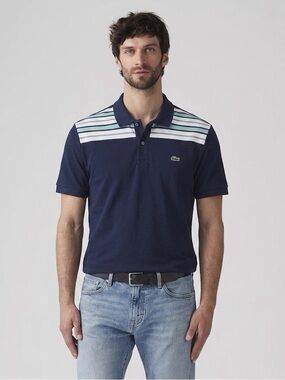 139 LACOSTE Men's Regular Fit Striped Pane Cotton Polo Shirt - Blue, XL